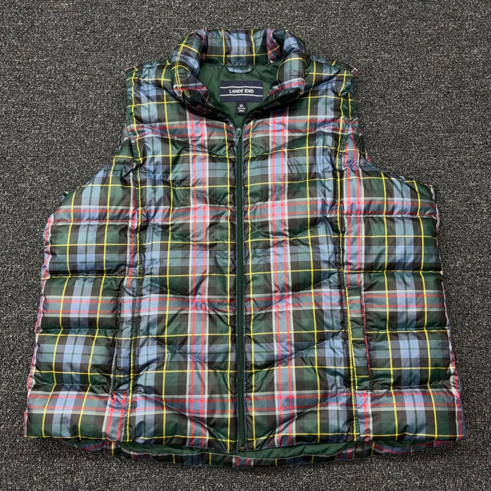 Lands End Womens 2X Down Puffer Vest Green Blue Plaid Quilted Full Zip 489141